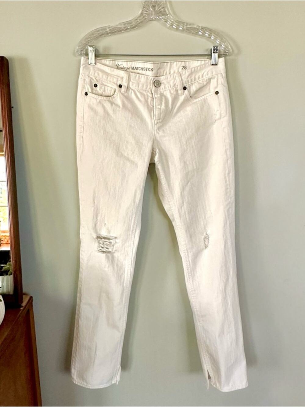 J.Crew Matchstick Jeans 28 White Distressed Raw Hem Ankle Slit Skinny